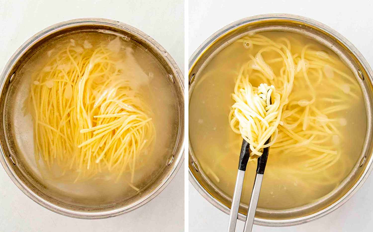 process shots showing how to make 15 minute pork noodle stir fry.