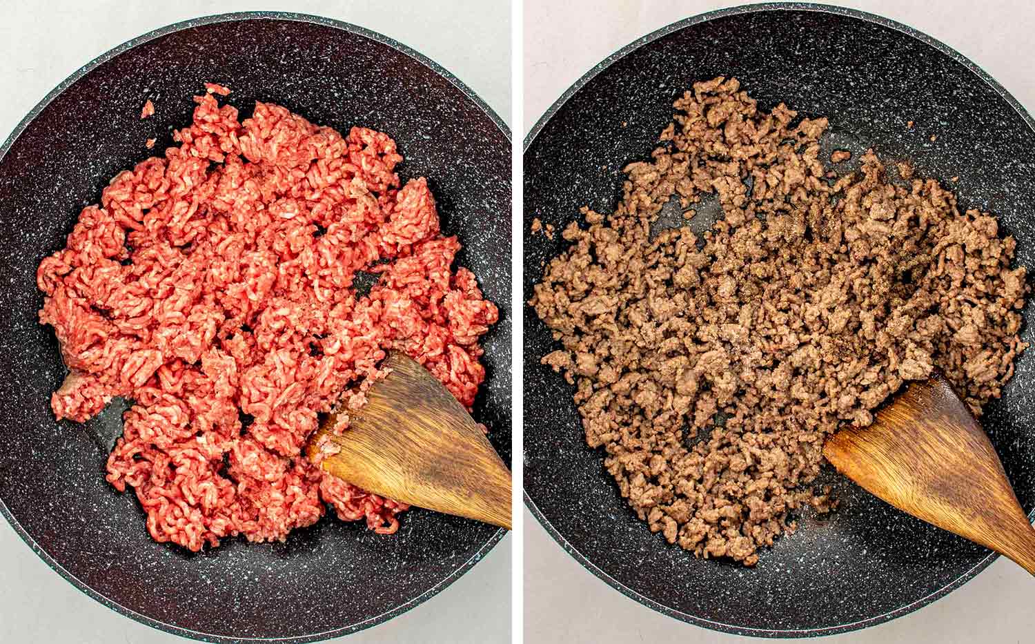 process shots showing how to make 15 minute pork noodle stir fry.