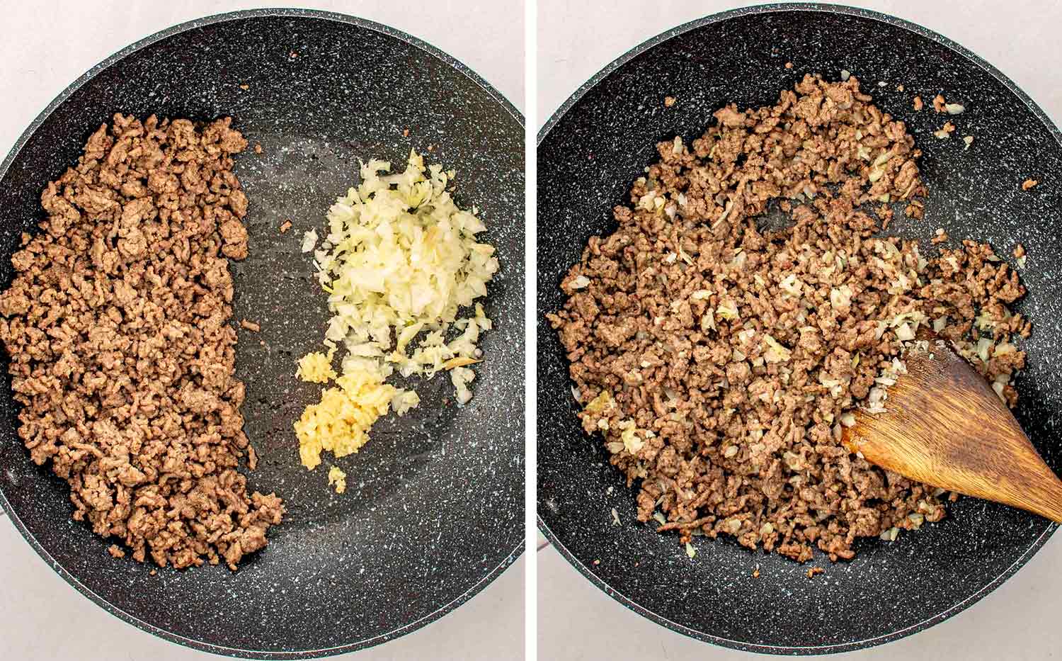 process shots showing how to make 15 minute pork noodle stir fry.