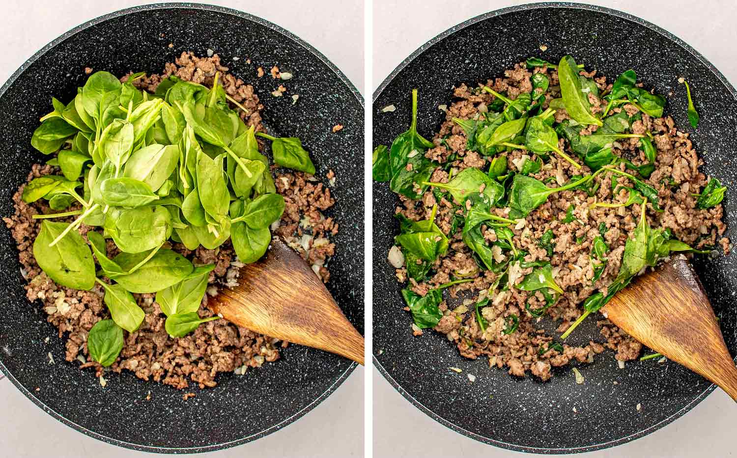 process shots showing how to make 15 minute pork noodle stir fry.