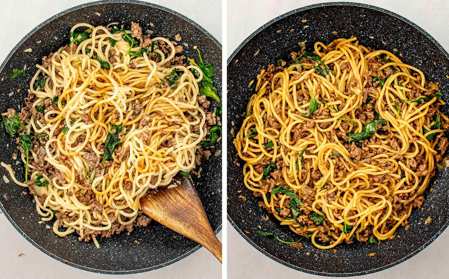 process shots showing how to make 15 minute pork noodle stir fry.