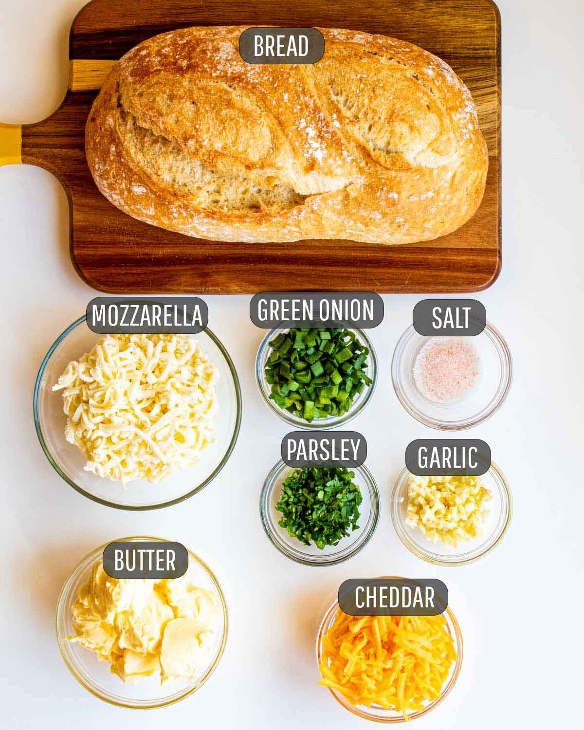 overhead shot of ingredients needed to make cheese pull apart bread in the air fryer.