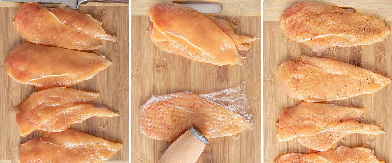 process shots showing how to make air fryer chicken katsu with tonkatsu sauce.