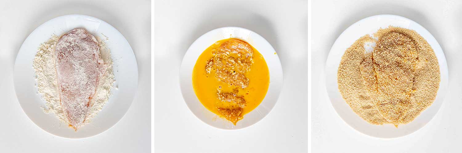 process shots showing how to make air fryer chicken katsu with tonkatsu sauce.