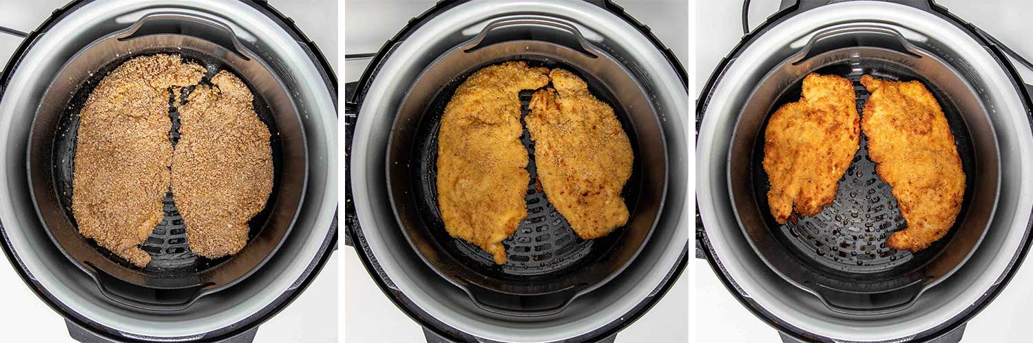 process shots showing how to make air fryer chicken katsu with tonkatsu sauce.