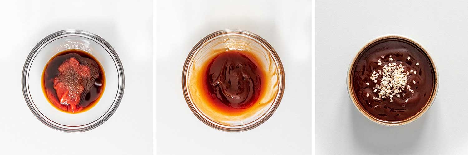 process shots showing how to make air fryer chicken katsu with tonkatsu sauce.