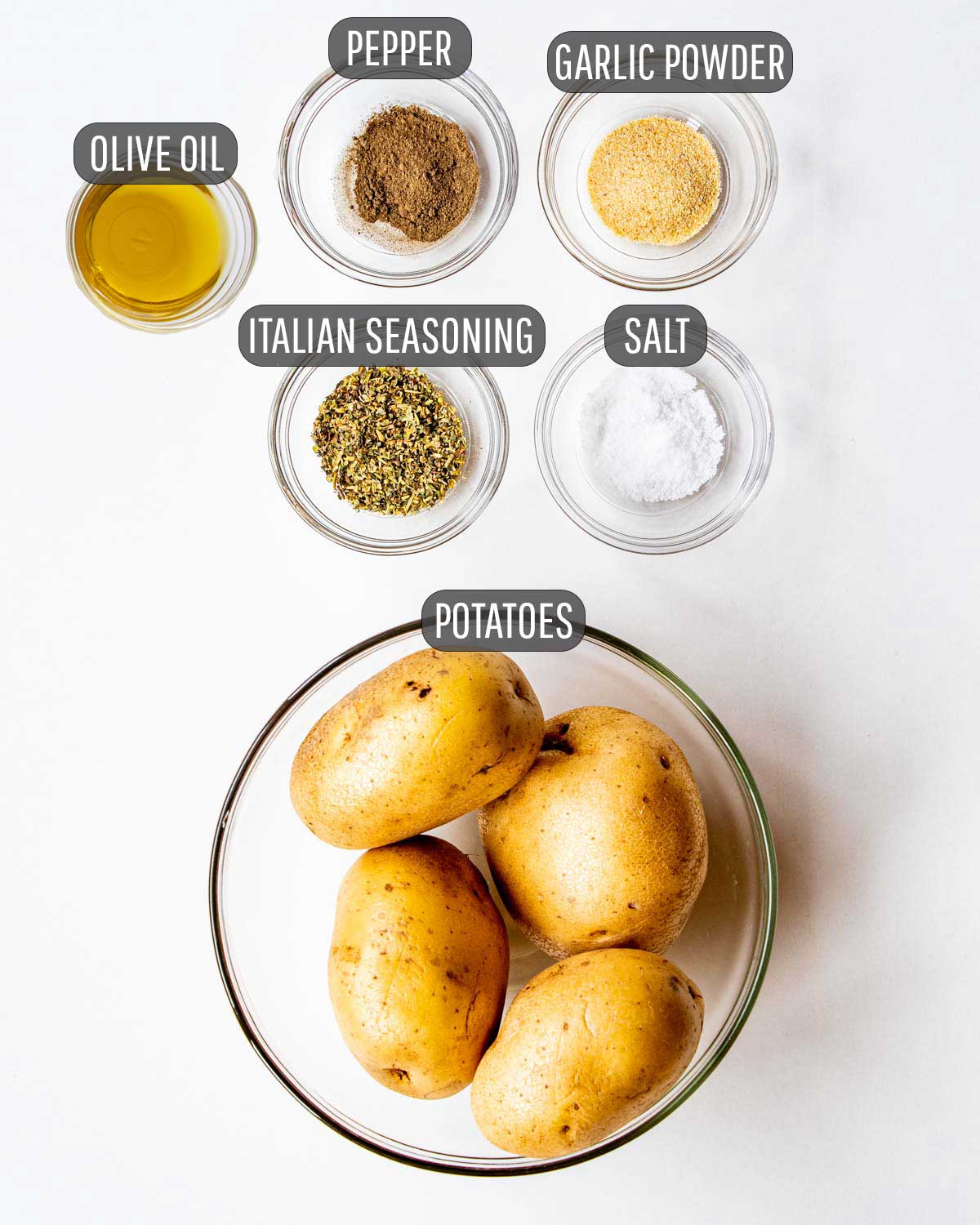 overhead shot of ingredients needed to make hasselback potatoes.