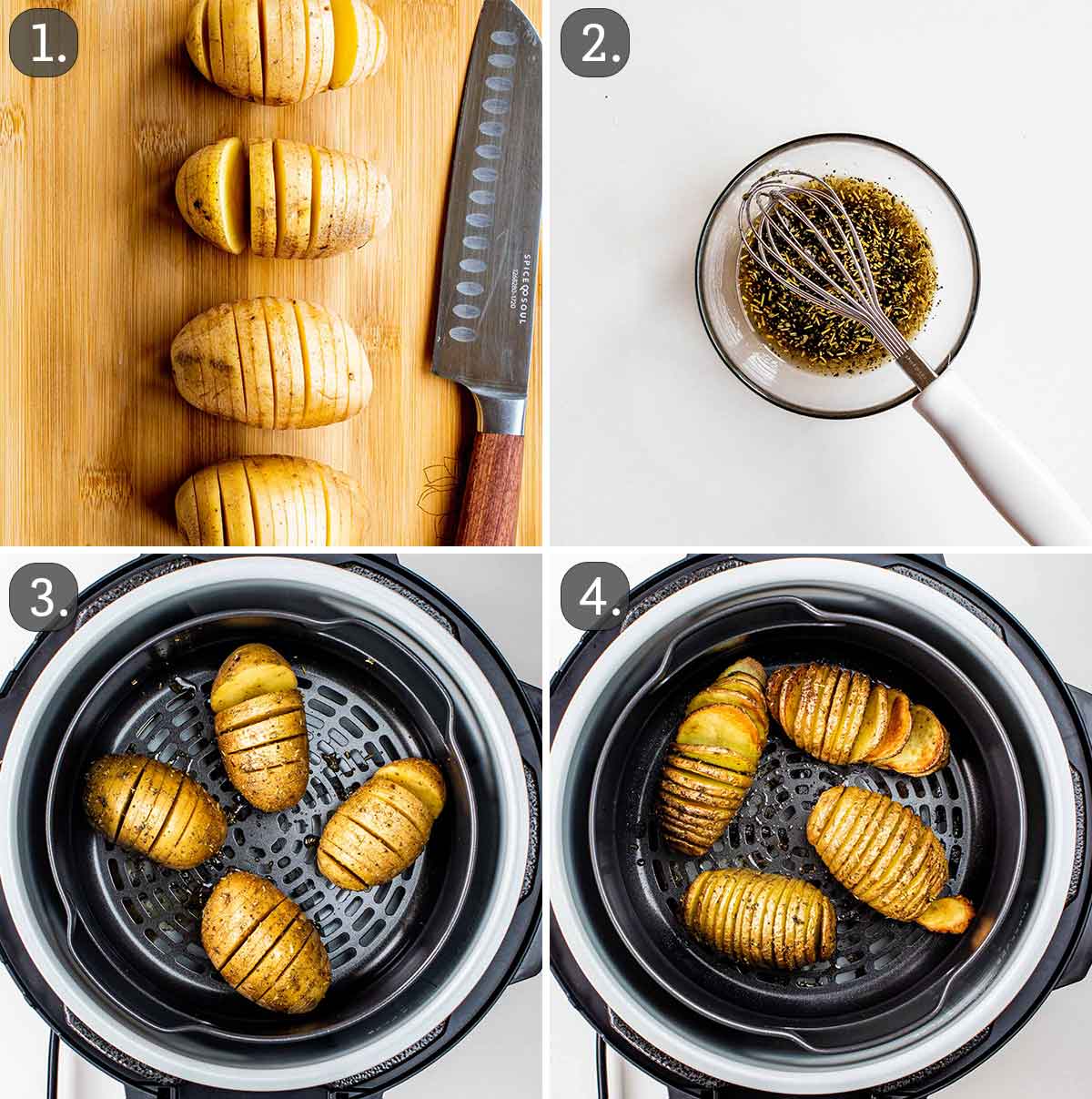 process shots showing how to make hasselback potatoes in the air fryer.