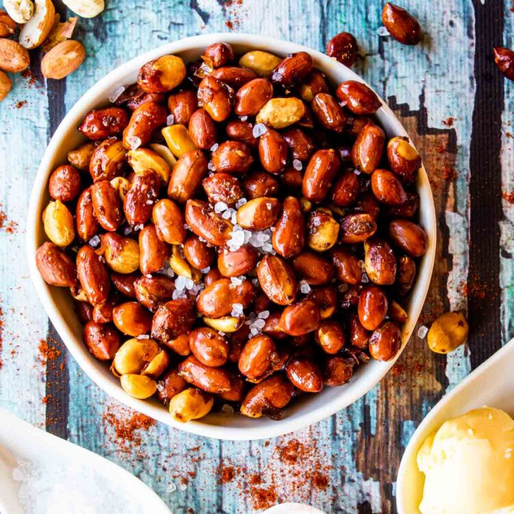 air fryer roasted peanuts in a bowl.