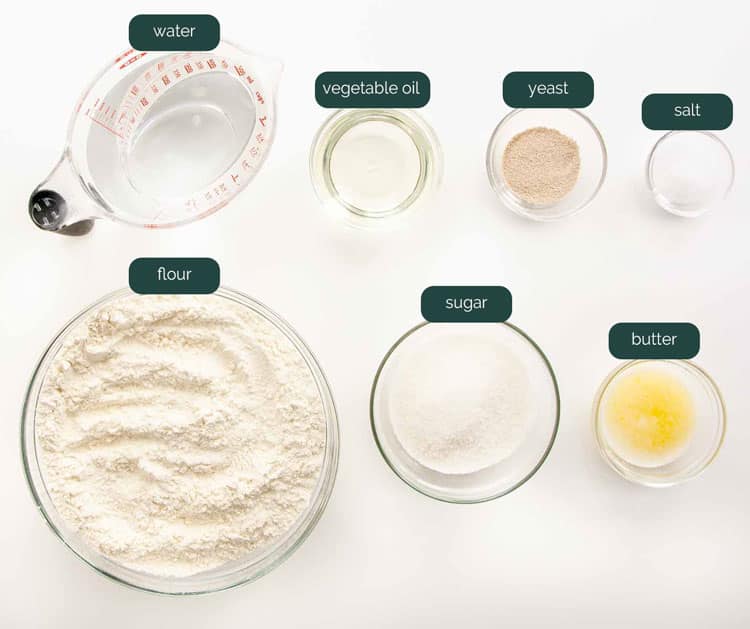 overhead shot of all the ingredients needed to make amish white bread