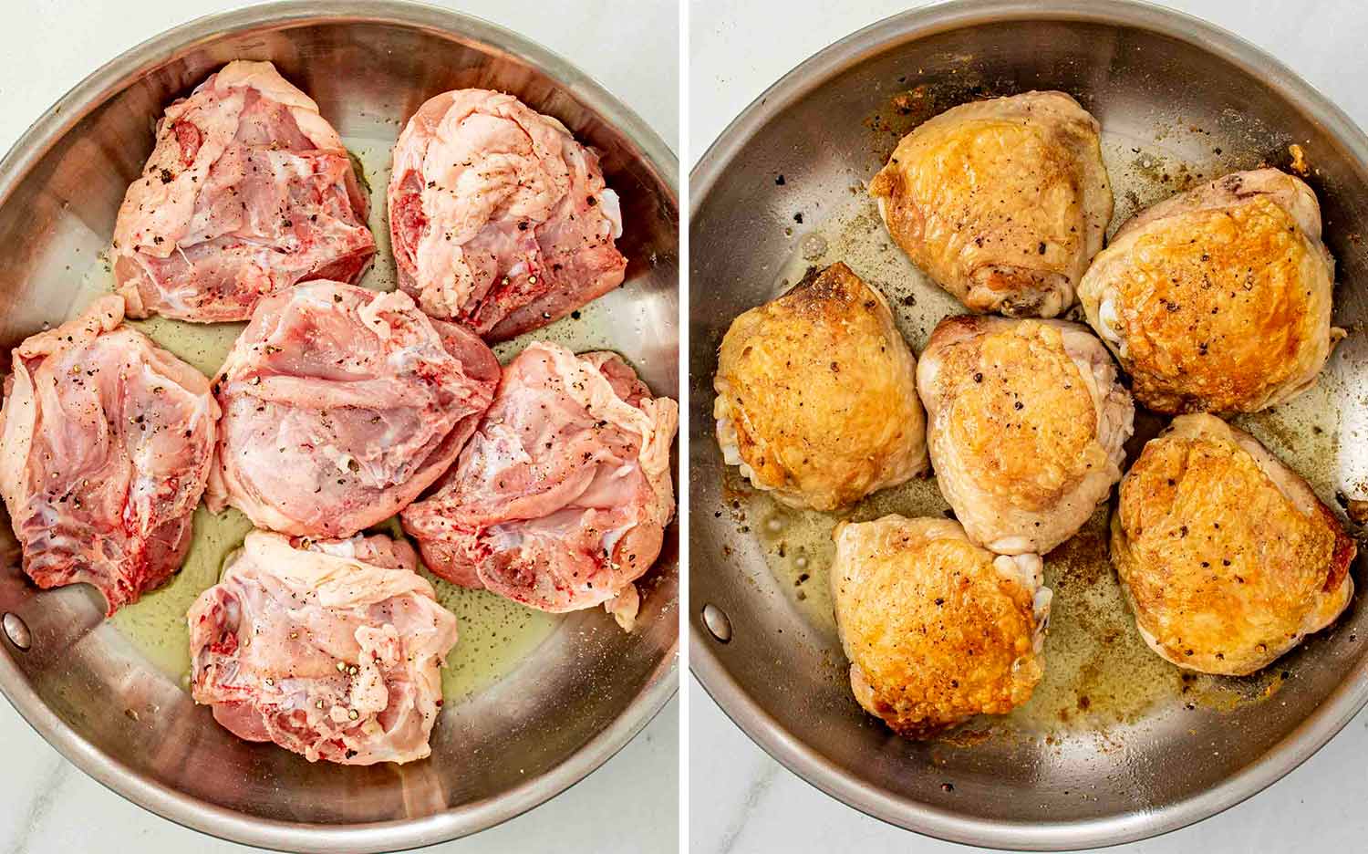 process shots showing how to make apple cider glazed chicken thighs.