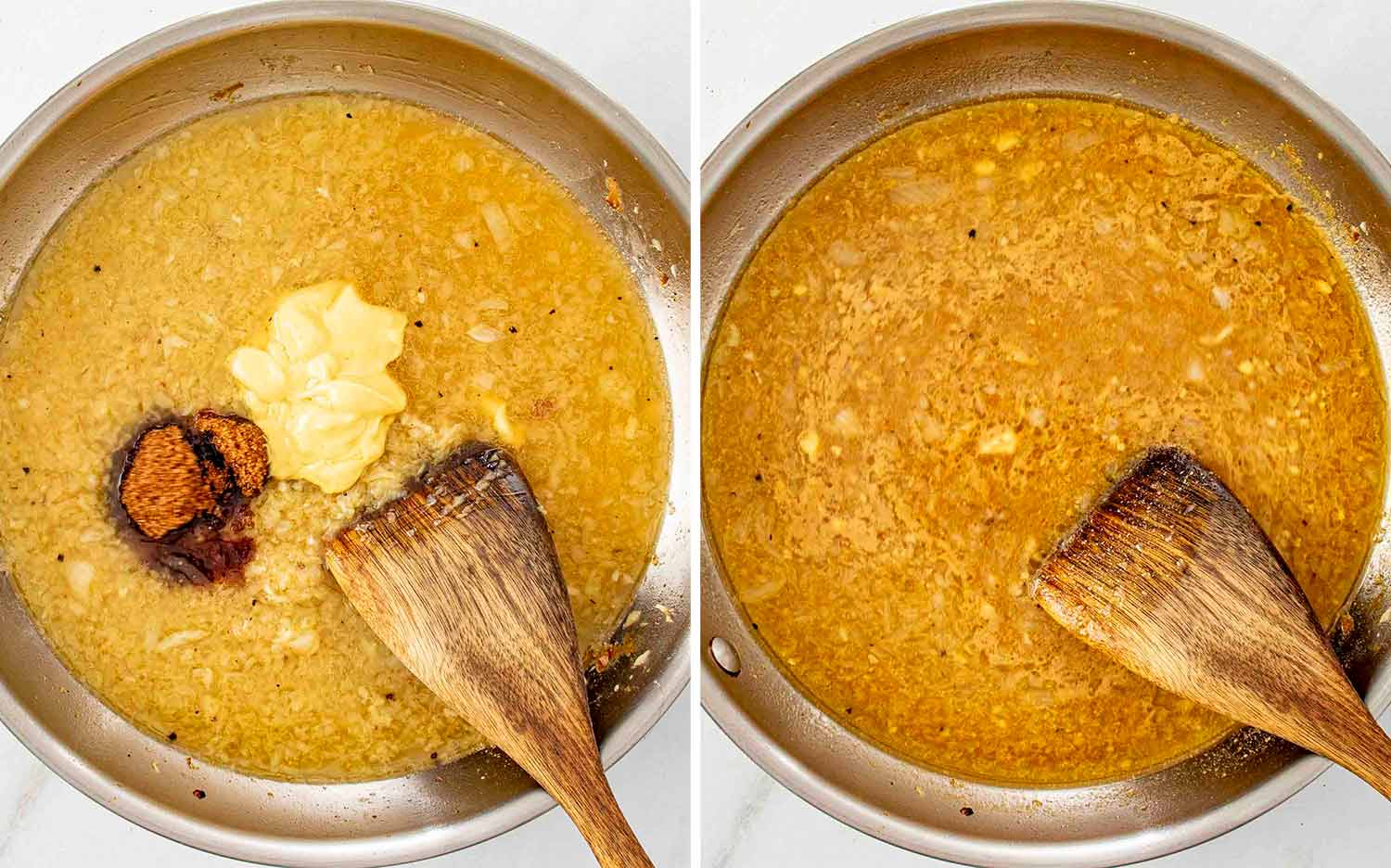 process shots showing how to make apple cider glazed chicken thighs.