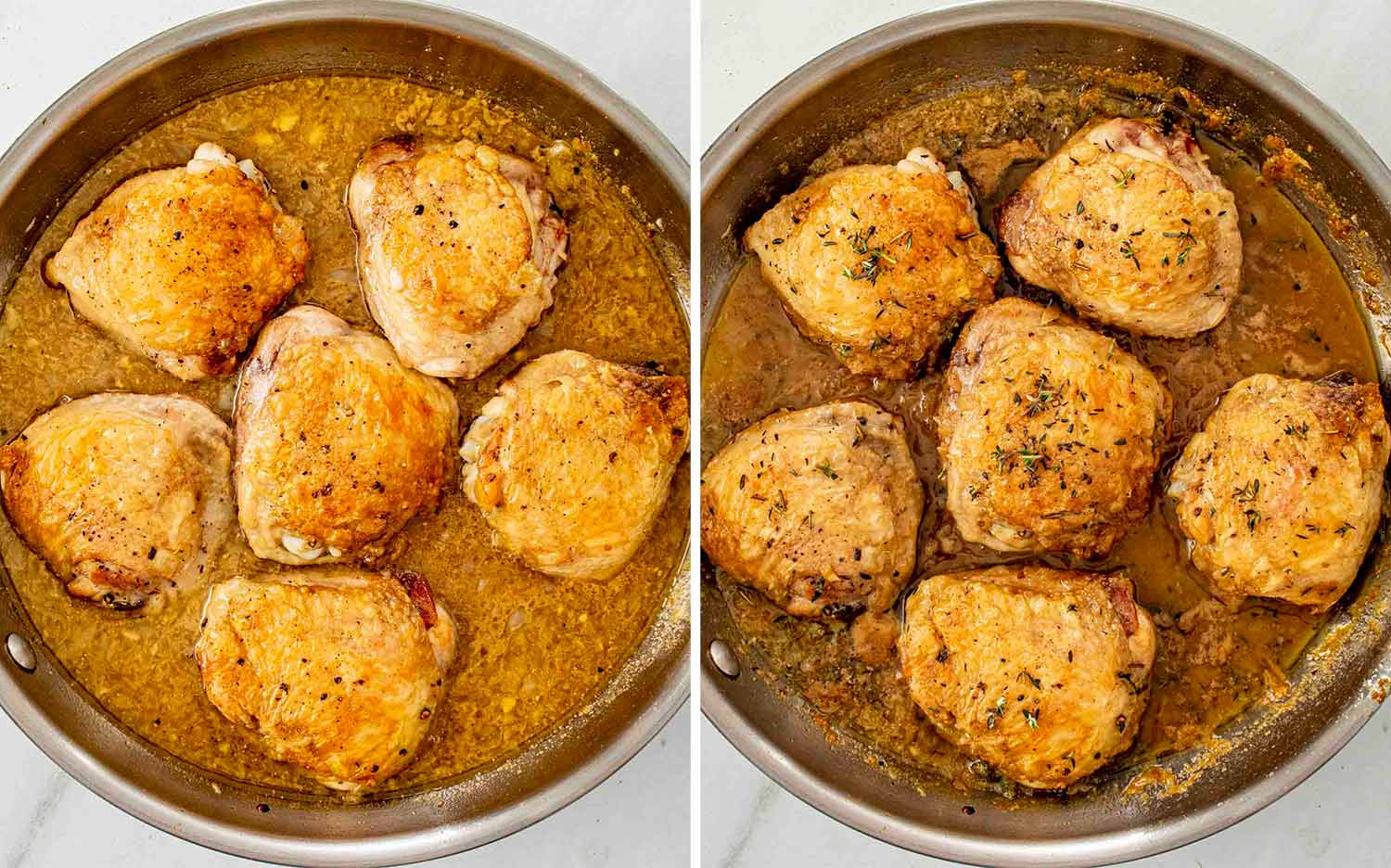 process shots showing how to make apple cider glazed chicken thighs.