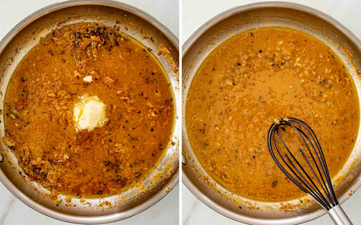 process shots showing how to make apple cider glazed chicken thighs.