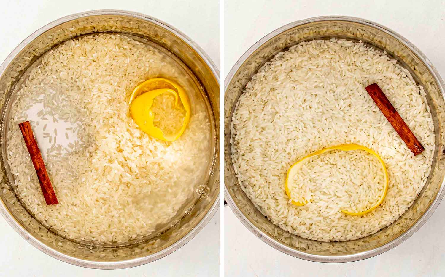 process shots showing how to make arroz con leche.