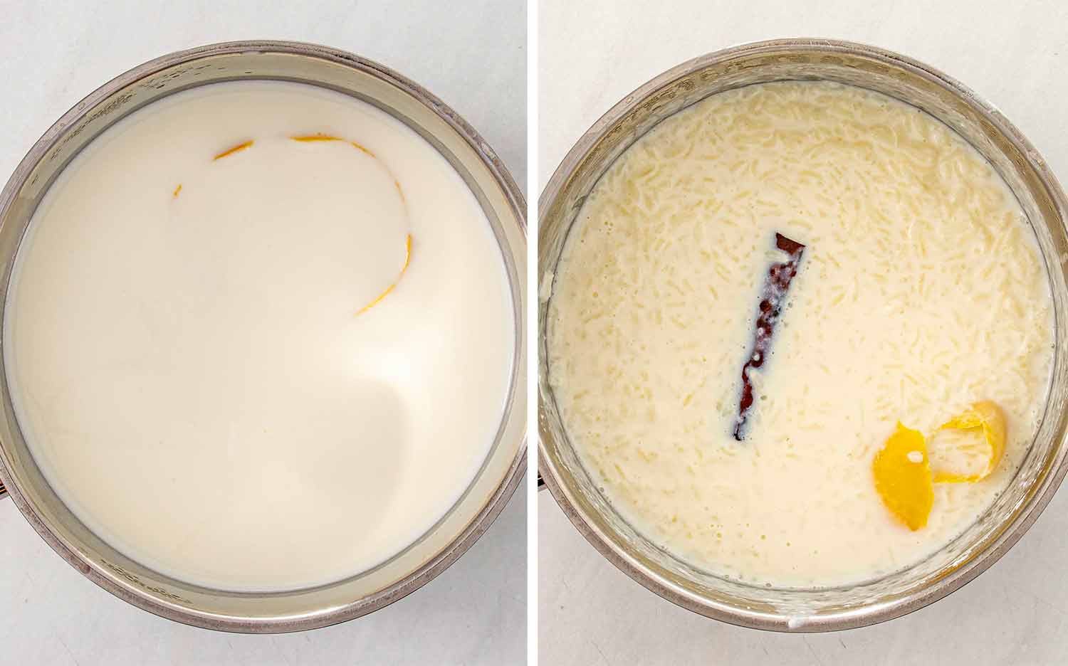 process shots showing how to make arroz con leche.