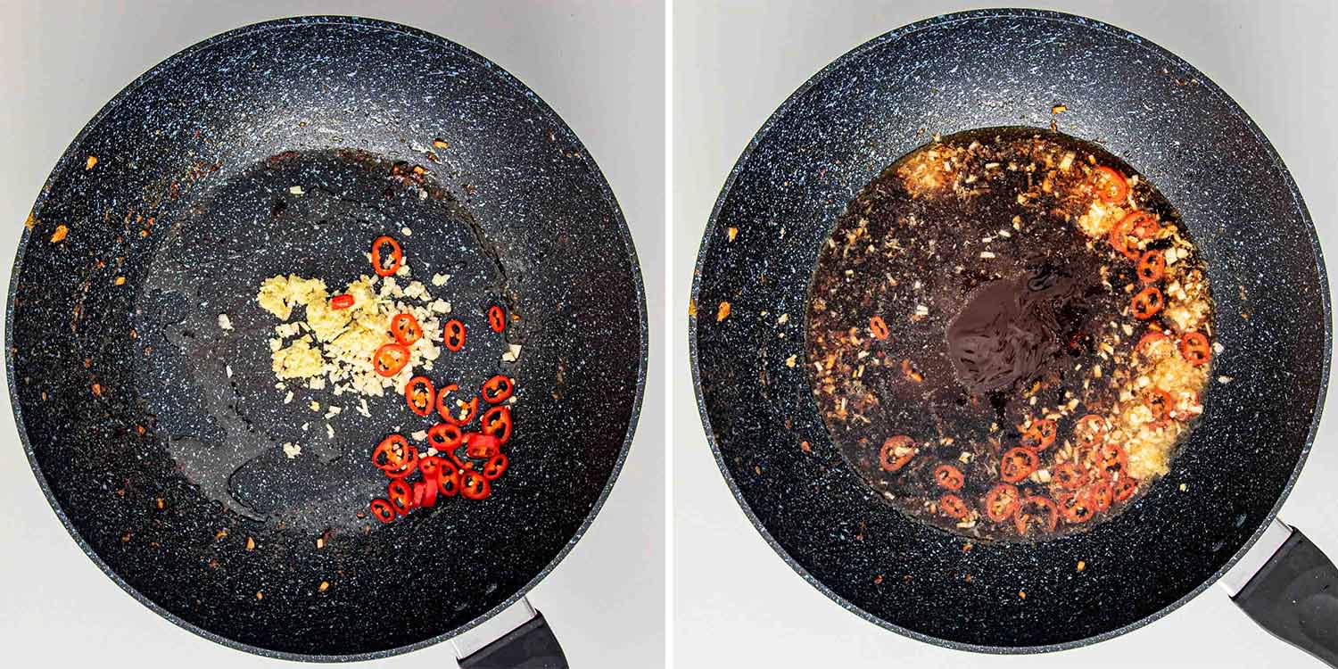 process shots showing how to make asian garlic shrimp.