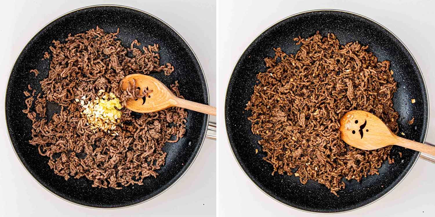 process shots showing how to make asian ground beef noodles.