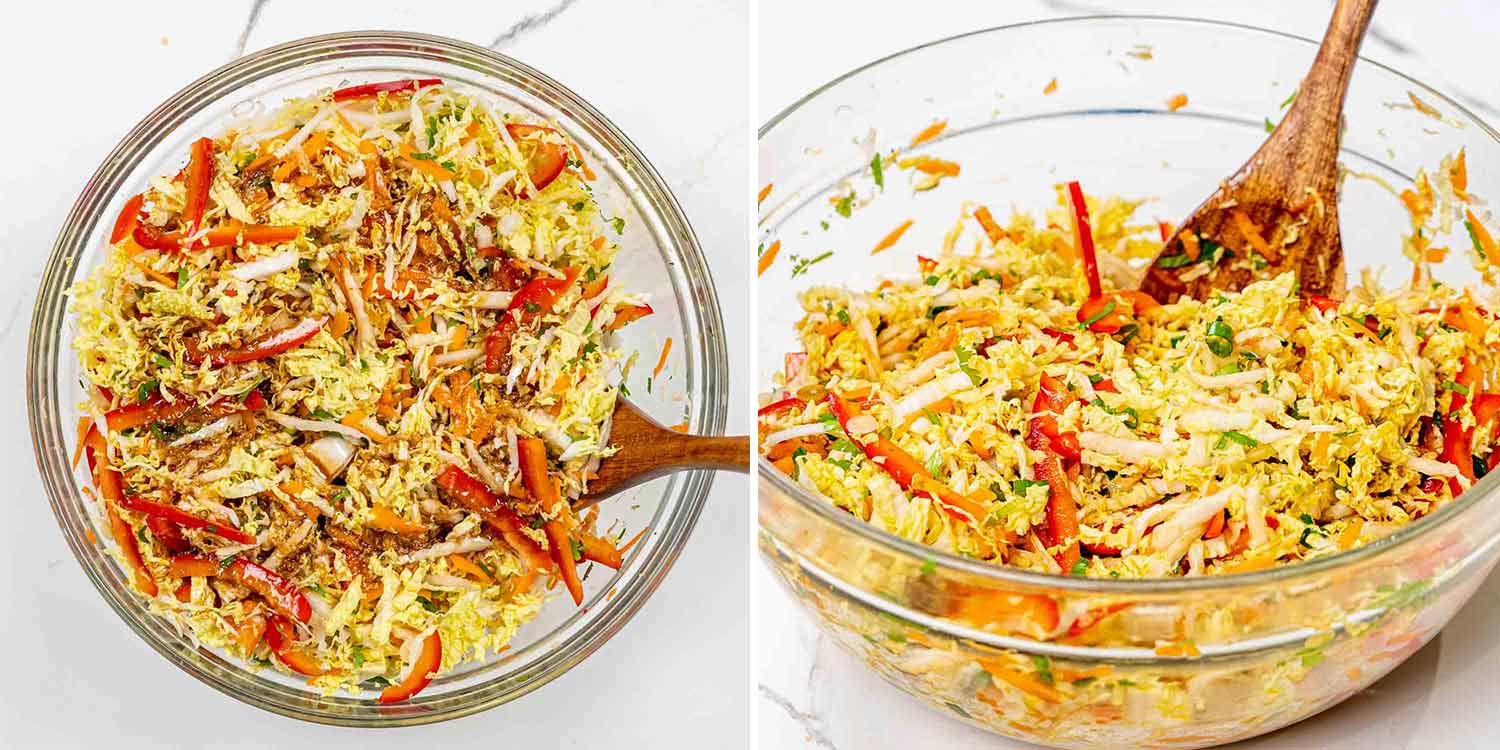 process shots showing how to make asian style slaw.