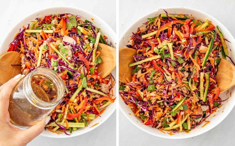 process shots showing how to make asian tuna salad.