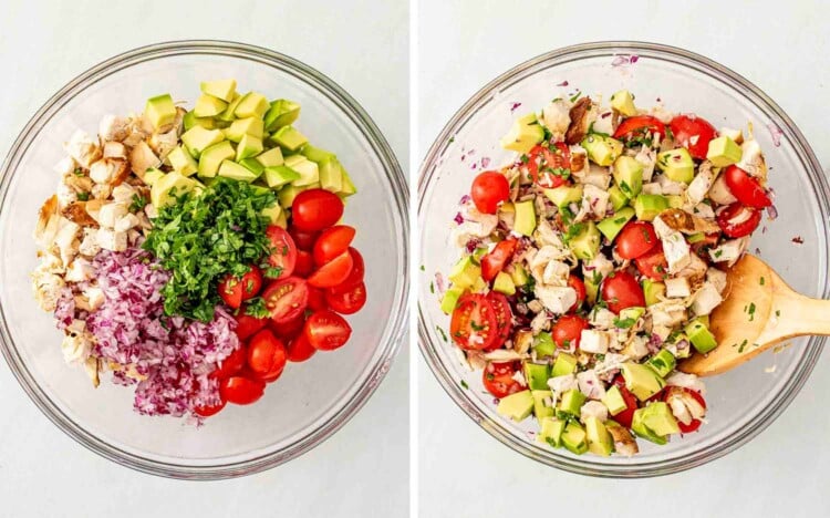 process shots showing how to make avocado chicken salad.