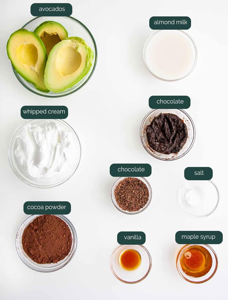 overhead shot of all the ingredients needed to make avocado chocolate mousse