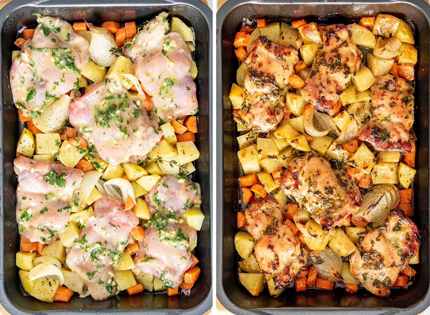 process shots showing how to make baked honey mustard chicken and potatoes.