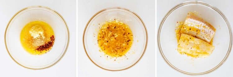 process shots showing how to make baked lemon butter cod.