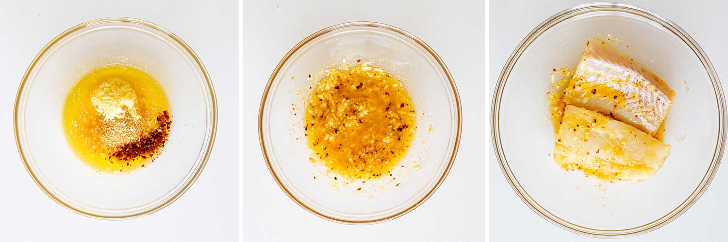process shots showing how to make baked lemon butter cod.