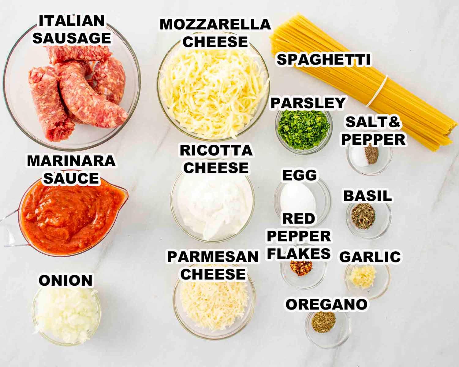 ingredients needed to make baked spaghetti.