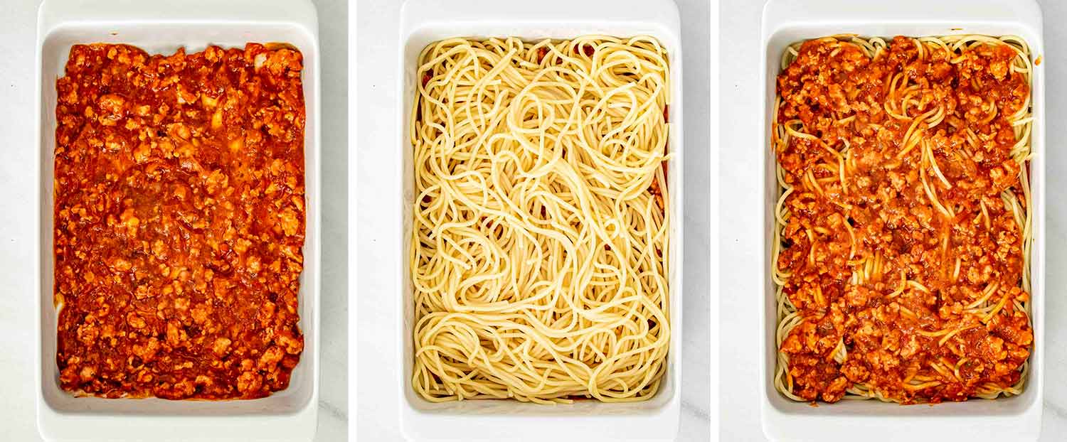 process shots showing how to make baked spaghetti.