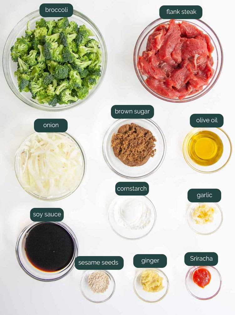 overhead shot of all the ingredients needed to make beef and broccoli