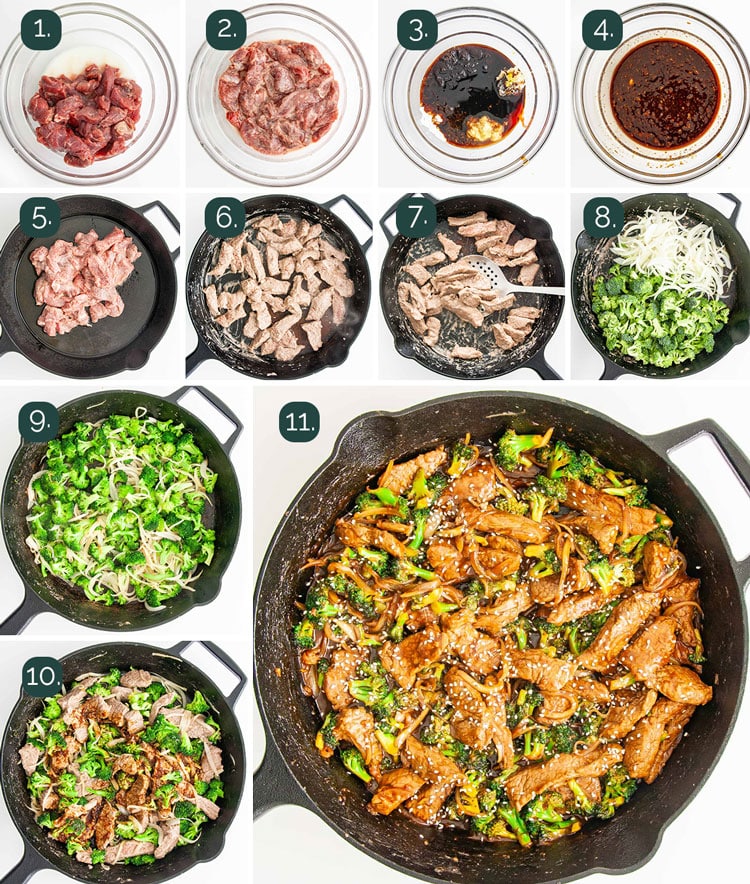 process shots showing how to make beef and broccoli