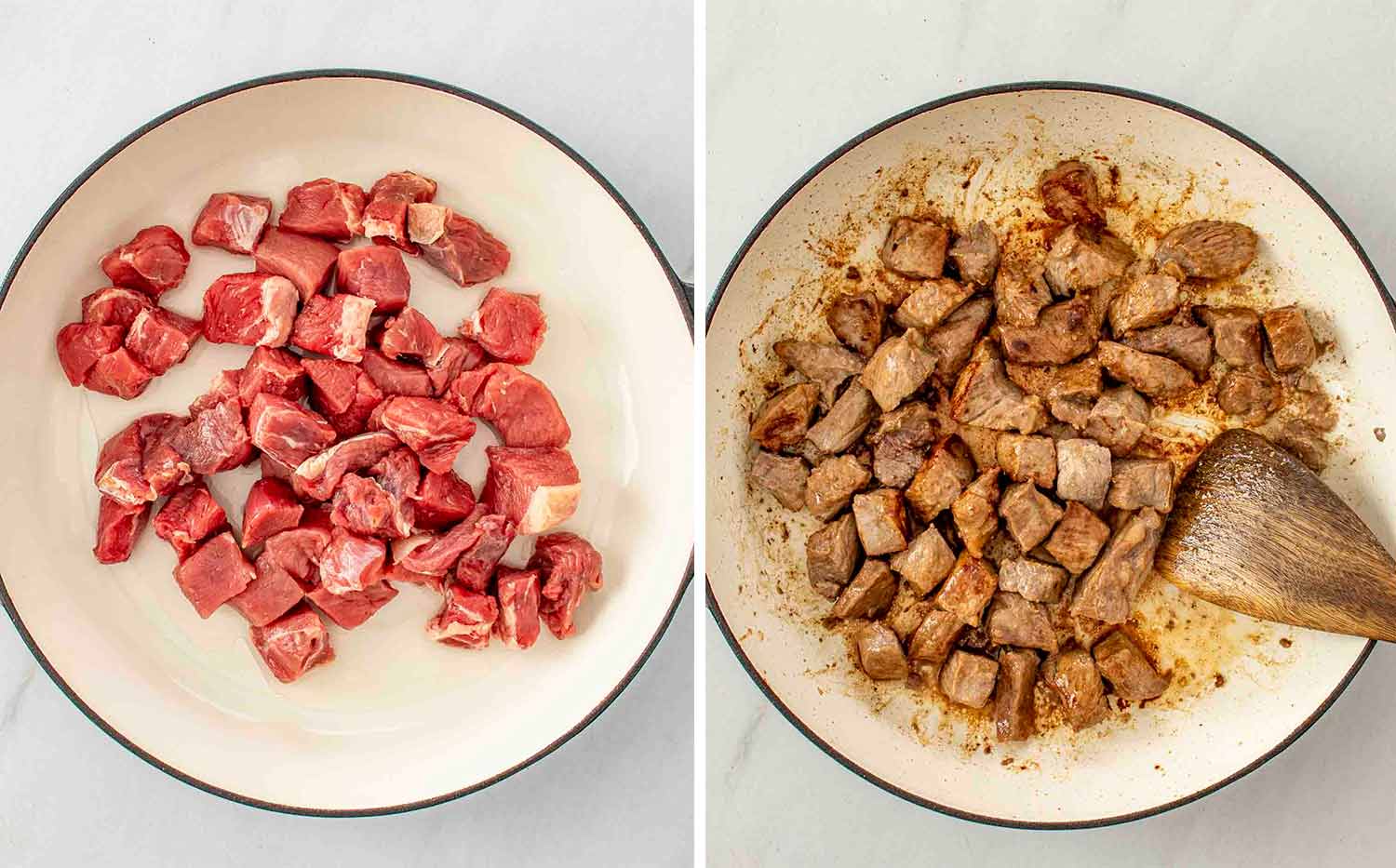 process shots showing how to make beef goulash.