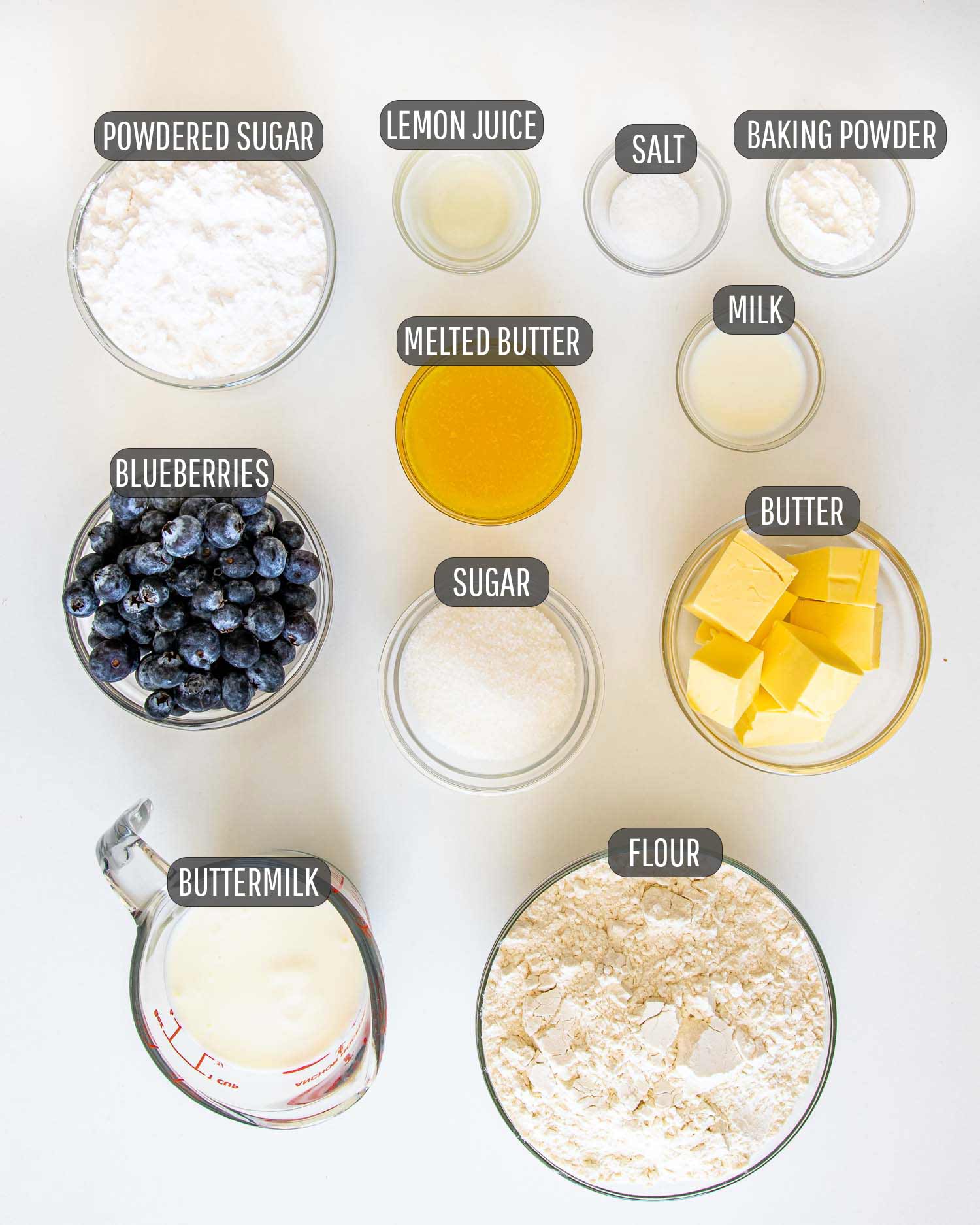 ingredients needed to make blueberry biscuits.