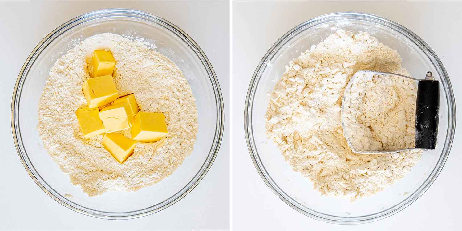 process shots showing how to make blueberry biscuits.