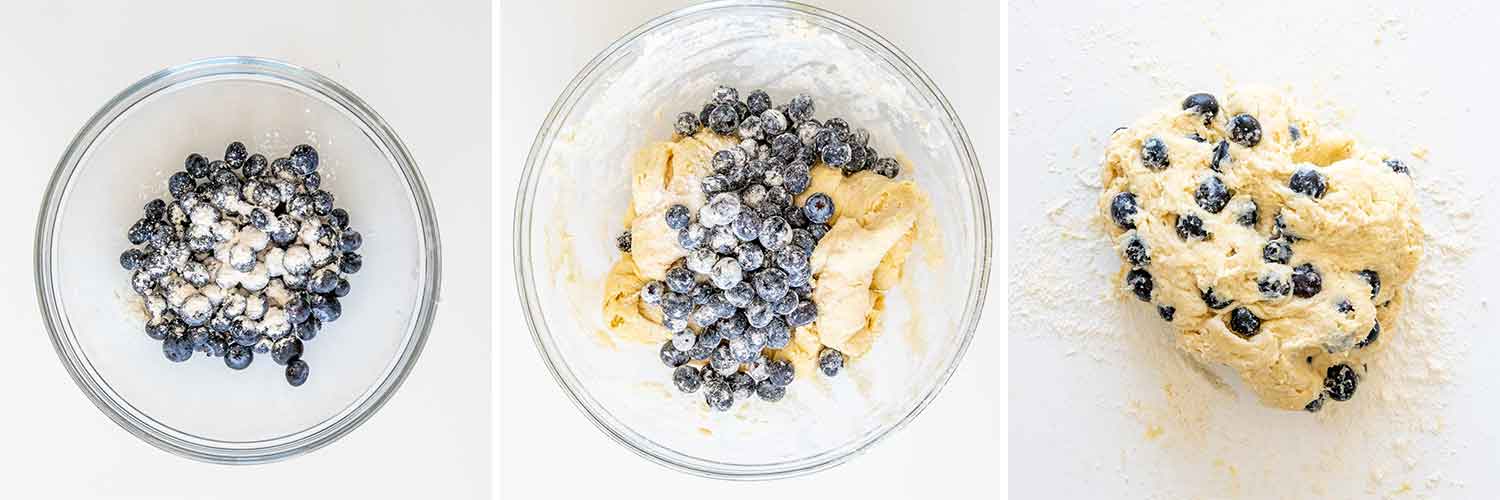 process shots showing how to make blueberry biscuits.