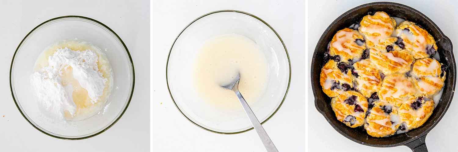 process shots showing how to make blueberry biscuits.