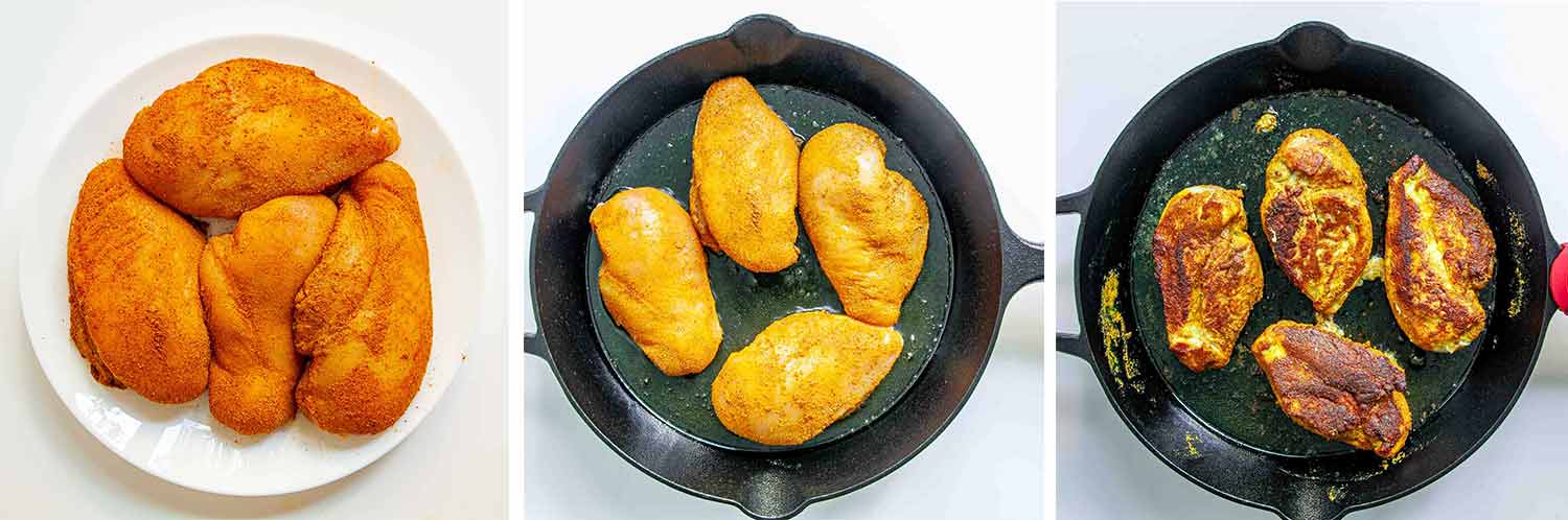 process shots showing how to make spicy brazilian coconut chicken.