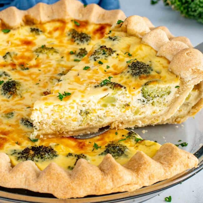 fresh out of the oven broccoli cheddar quiche.