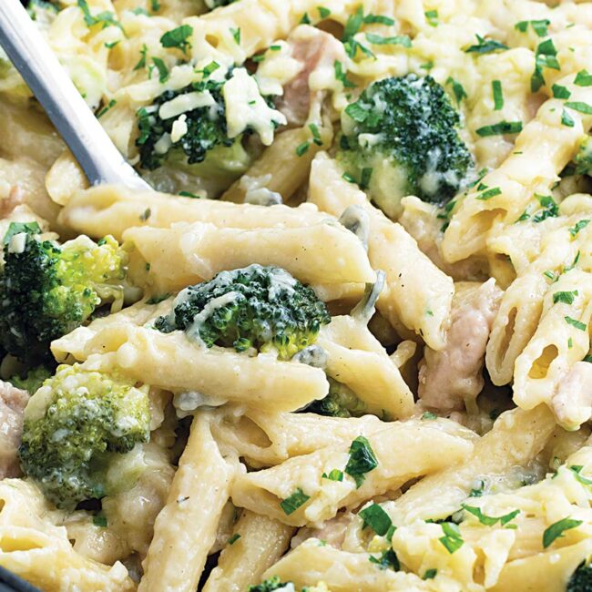 closeup of broccoli chicken casserole in a skillet.