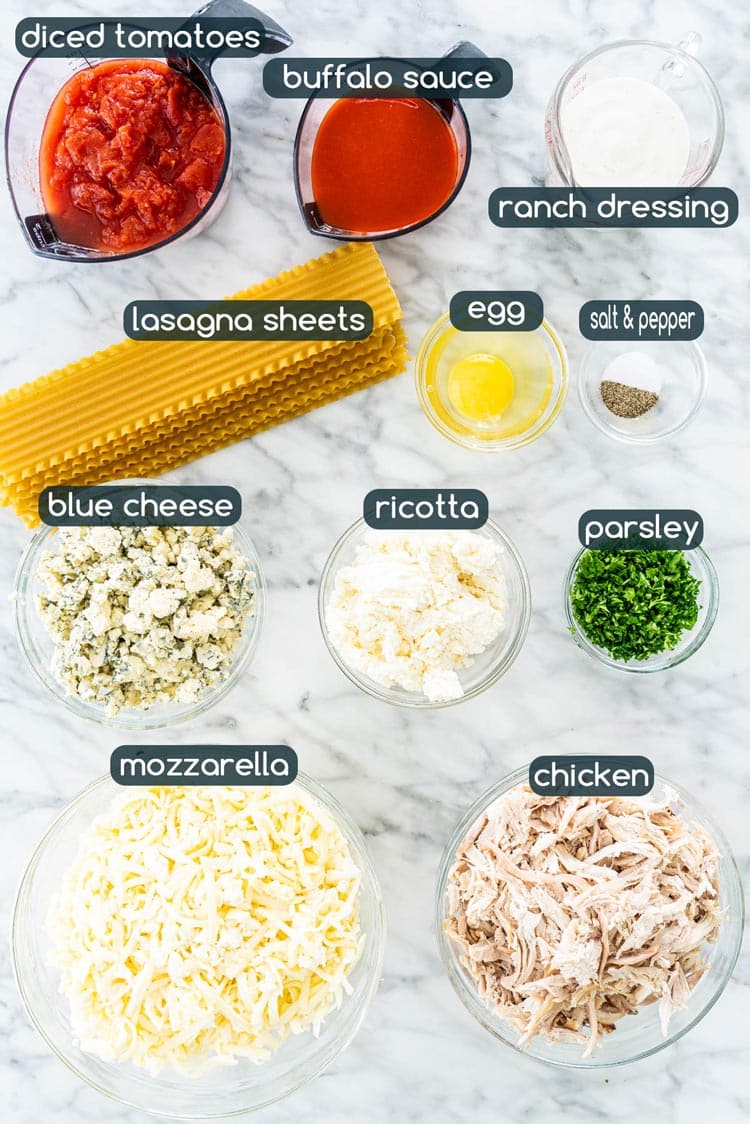 overhead shot of all ingredients needed to make Buffalo Chicken Lasagna