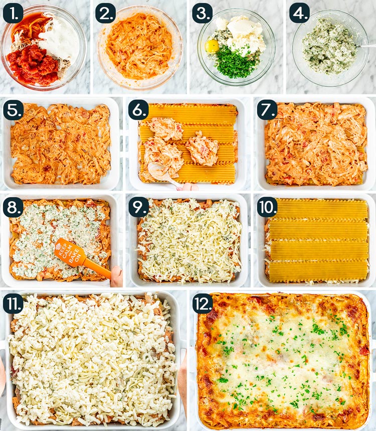 process shots showing how to make Buffalo Chicken Lasagna