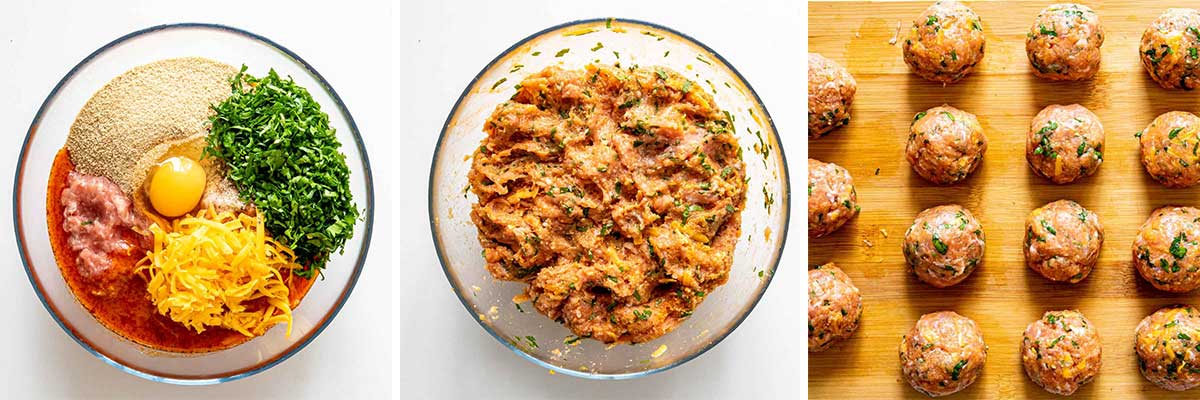 process shots showing how to make buffalo chicken meatballs.