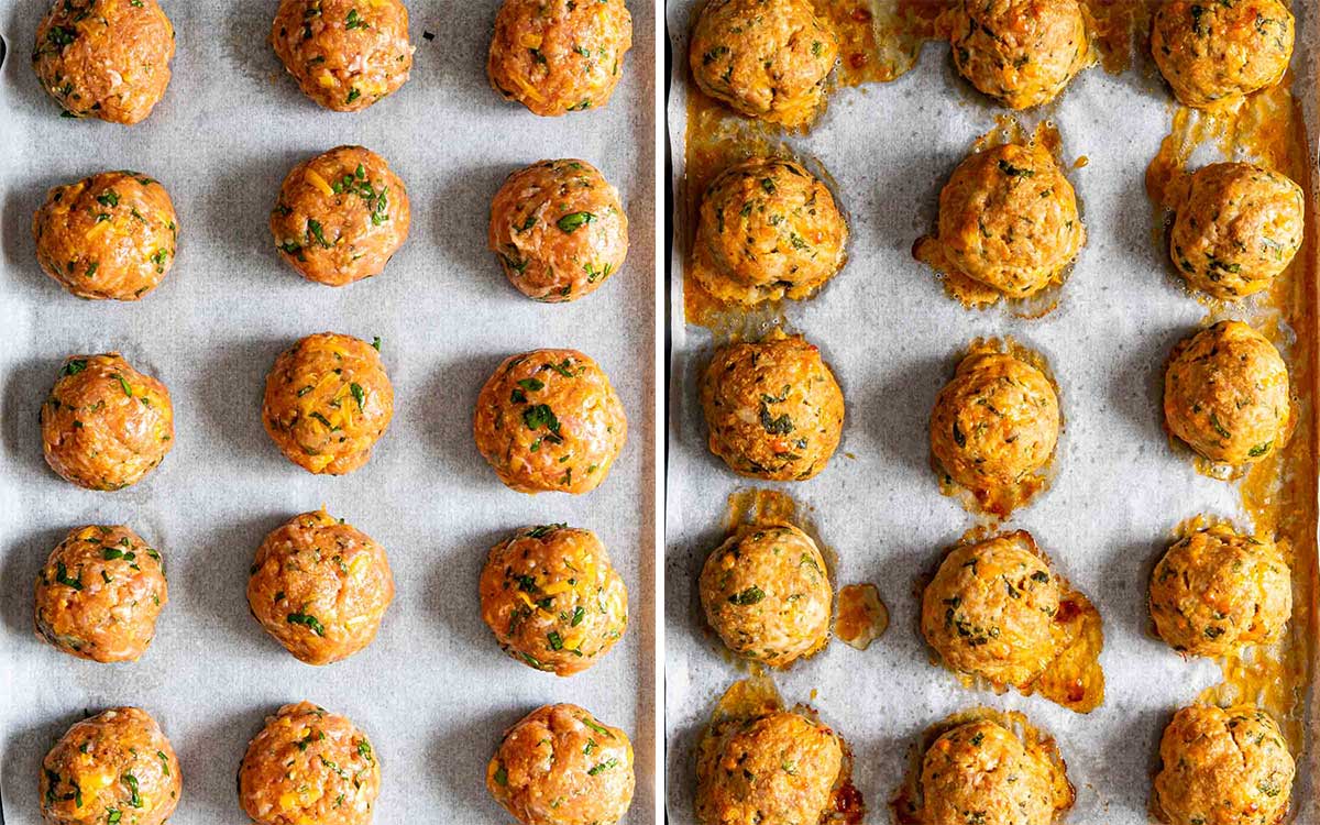 side by side pictures of buffalo chicken meatballs before and after baking.