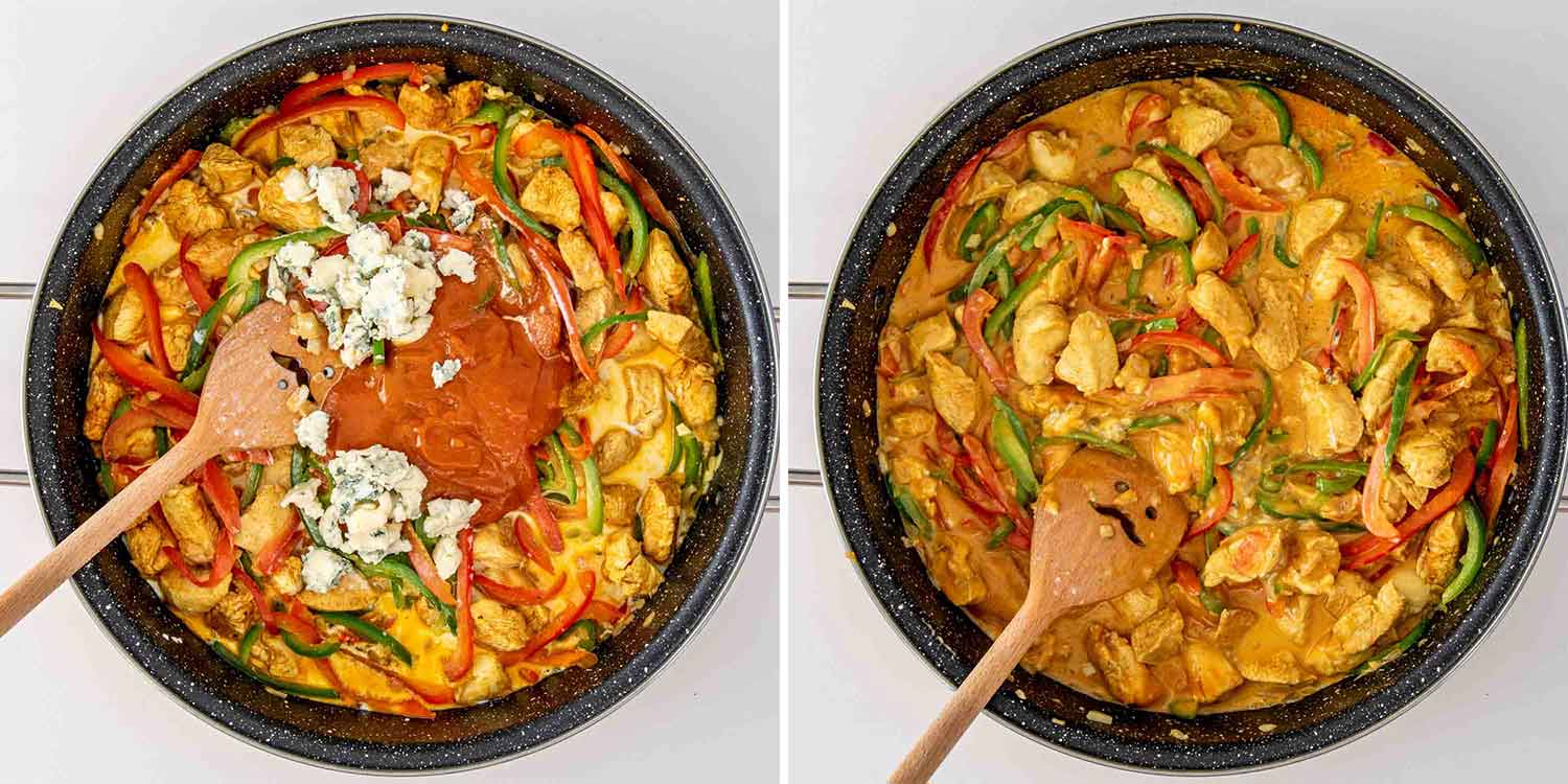 process shots showing how to cook buffalo chicken pasta.