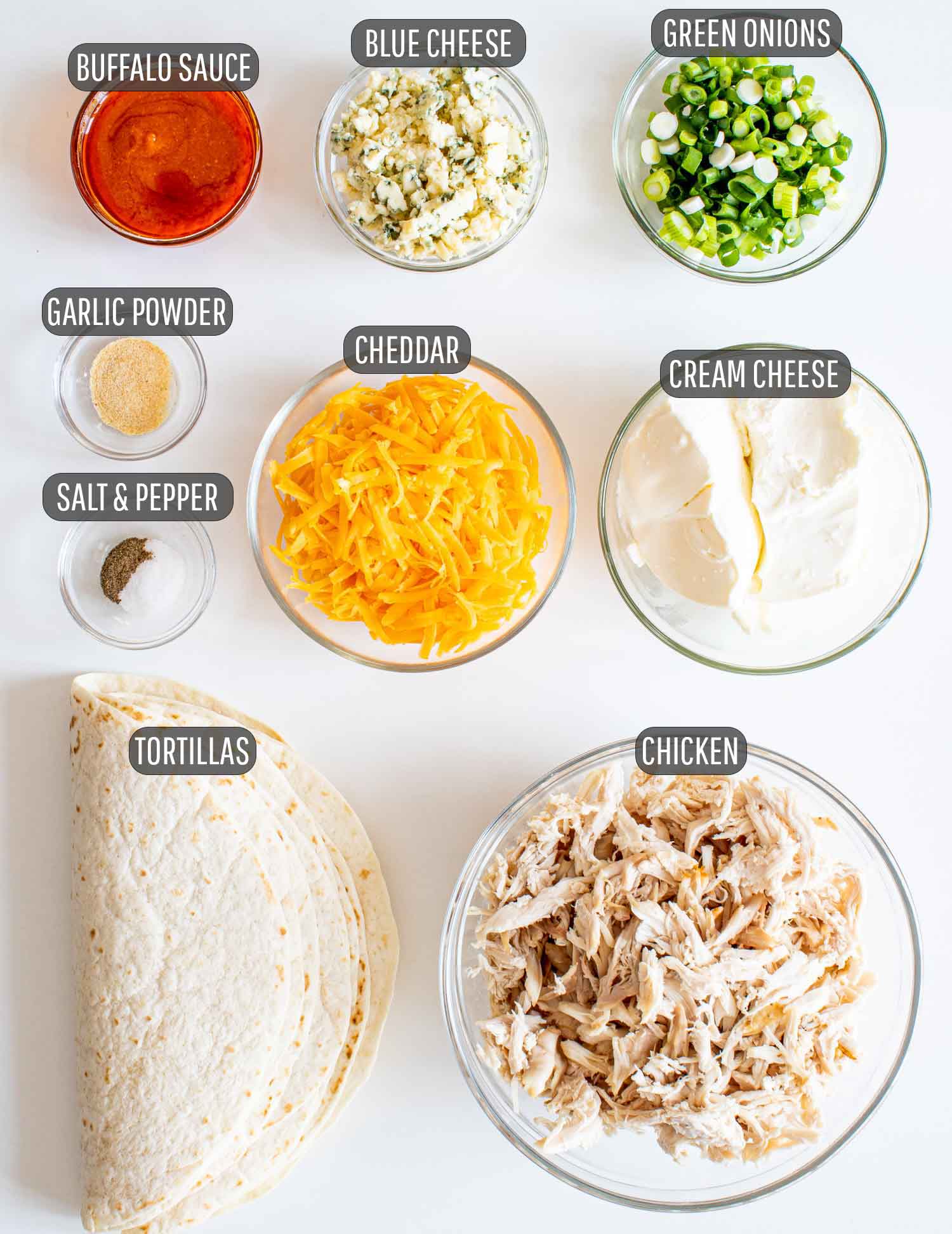 ingredients needed to make buffalo chicken pinwheels.