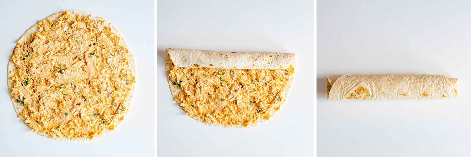 process shots showing how to roll buffalo chicken pinwheels.