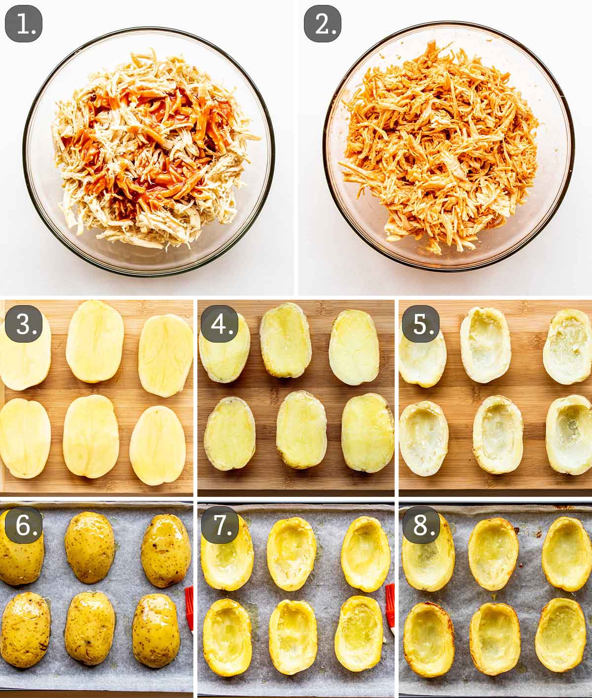 process shots showing how to make buffalo chicken potato skins.