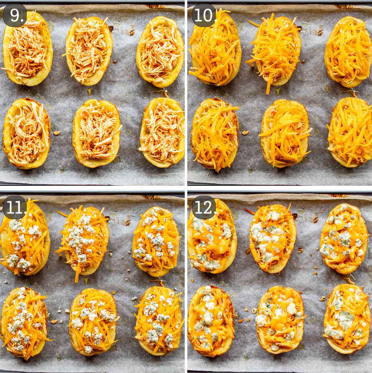 process shots showing how to finish baking buffalo chicken potato skins.